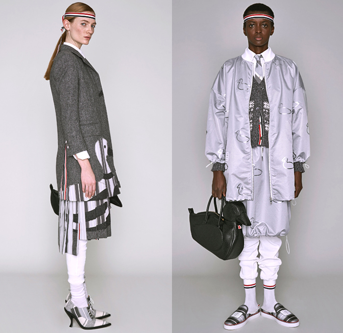 Thom Browne 2019 Pre-Fall Autumn Womens Lookbook Presentation - Ducks Pond Landscape Dog Graphic Motif Embroidery Sporty Preppy Headband Stripes Wool Tweed Quilted Puffer Fur Denim Jeans Parka Military Coat Blazer Patchwork Frayed Raw Hem Sheer Lace Varsity Bomber Jacket Knit Cardigan Check Accordion Pleats Necktie Ribbons Split Half Panel Cargo Pockets 
Handbag Doctor's Bag Pointed Shoes Sneakers Boots