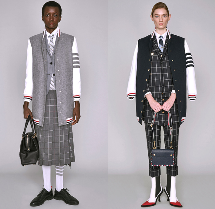 Thom Browne 2019 Pre-Fall Autumn Womens Lookbook Presentation - Ducks Pond Landscape Dog Graphic Motif Embroidery Sporty Preppy Headband Stripes Wool Tweed Quilted Puffer Fur Denim Jeans Parka Military Coat Blazer Patchwork Frayed Raw Hem Sheer Lace Varsity Bomber Jacket Knit Cardigan Check Accordion Pleats Necktie Ribbons Split Half Panel Cargo Pockets 
Handbag Doctor's Bag Pointed Shoes Sneakers Boots