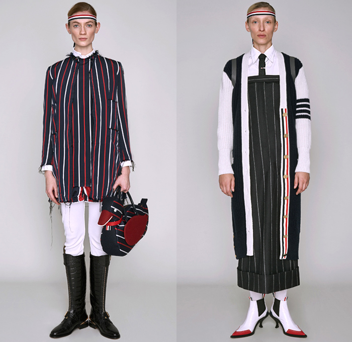 Thom Browne 2019 Pre-Fall Autumn Womens Lookbook Presentation - Ducks Pond Landscape Dog Graphic Motif Embroidery Sporty Preppy Headband Stripes Wool Tweed Quilted Puffer Fur Denim Jeans Parka Military Coat Blazer Patchwork Frayed Raw Hem Sheer Lace Varsity Bomber Jacket Knit Cardigan Check Accordion Pleats Necktie Ribbons Split Half Panel Cargo Pockets 
Handbag Doctor's Bag Pointed Shoes Sneakers Boots