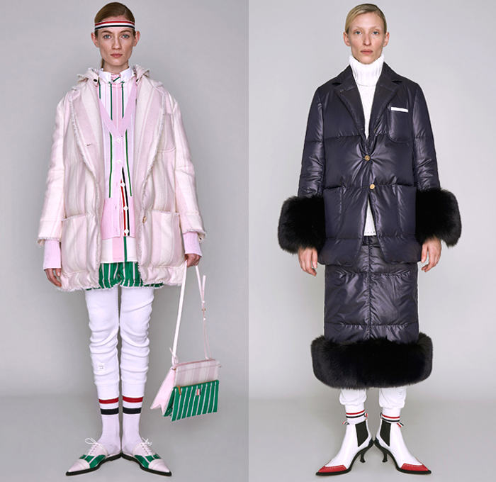 Thom Browne 2019 Pre-Fall Autumn Womens Lookbook Presentation - Ducks Pond Landscape Dog Graphic Motif Embroidery Sporty Preppy Headband Stripes Wool Tweed Quilted Puffer Fur Denim Jeans Parka Military Coat Blazer Patchwork Frayed Raw Hem Sheer Lace Varsity Bomber Jacket Knit Cardigan Check Accordion Pleats Necktie Ribbons Split Half Panel Cargo Pockets 
Handbag Doctor's Bag Pointed Shoes Sneakers Boots