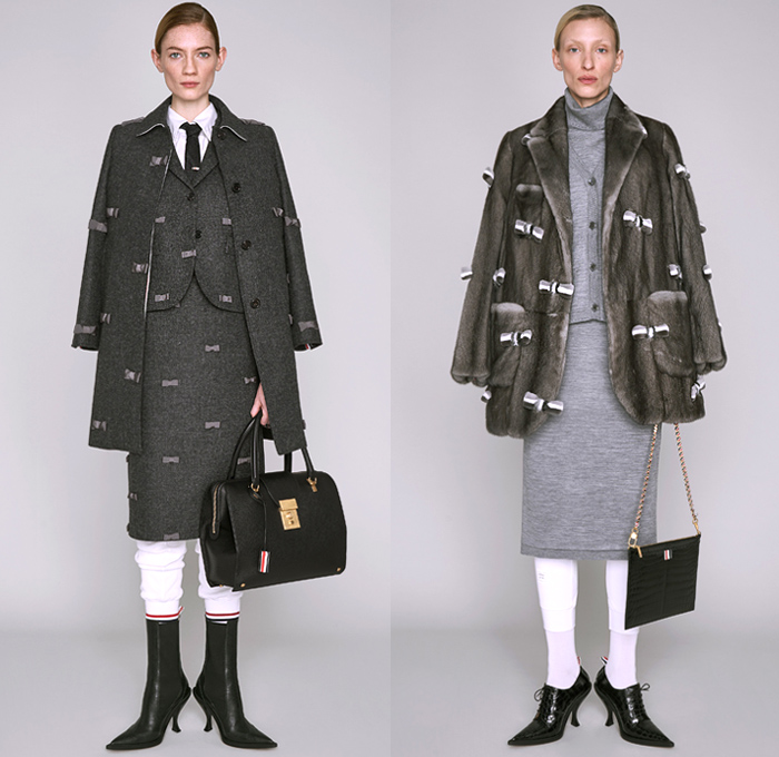Thom Browne 2019 Pre-Fall Autumn Womens Lookbook Presentation - Ducks Pond Landscape Dog Graphic Motif Embroidery Sporty Preppy Headband Stripes Wool Tweed Quilted Puffer Fur Denim Jeans Parka Military Coat Blazer Patchwork Frayed Raw Hem Sheer Lace Varsity Bomber Jacket Knit Cardigan Check Accordion Pleats Necktie Ribbons Split Half Panel Cargo Pockets 
Handbag Doctor's Bag Pointed Shoes Sneakers Boots