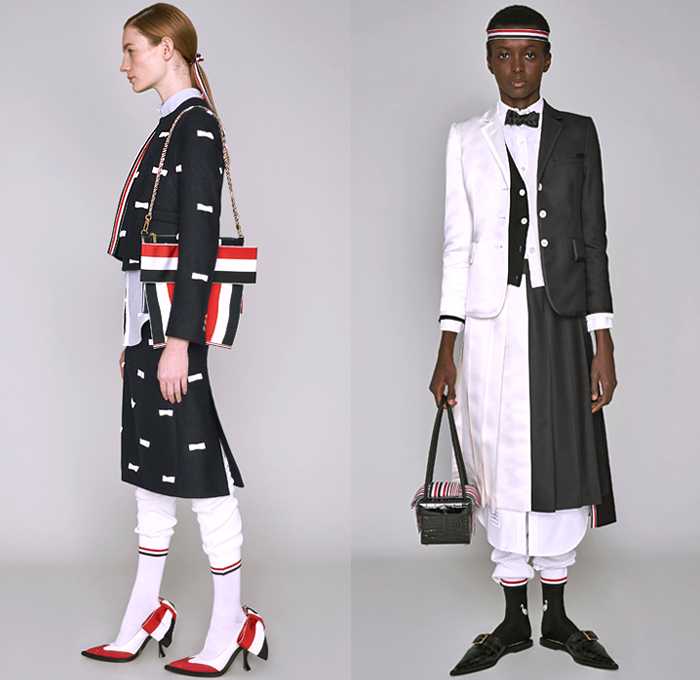 Thom Browne 2019 Pre-Fall Autumn Womens Lookbook Presentation - Ducks Pond Landscape Dog Graphic Motif Embroidery Sporty Preppy Headband Stripes Wool Tweed Quilted Puffer Fur Denim Jeans Parka Military Coat Blazer Patchwork Frayed Raw Hem Sheer Lace Varsity Bomber Jacket Knit Cardigan Check Accordion Pleats Necktie Ribbons Split Half Panel Cargo Pockets 
Handbag Doctor's Bag Pointed Shoes Sneakers Boots