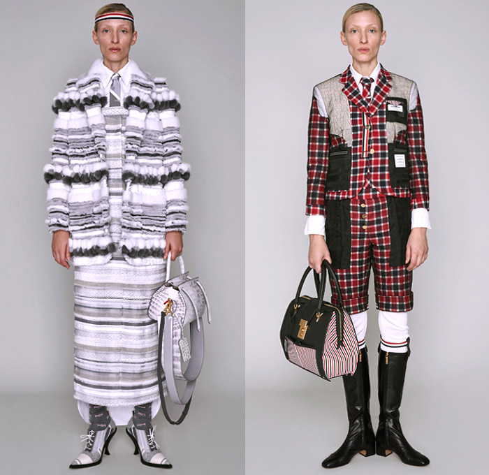 Thom Browne 2019 Pre-Fall Autumn Womens Lookbook Presentation - Ducks Pond Landscape Dog Graphic Motif Embroidery Sporty Preppy Headband Stripes Wool Tweed Quilted Puffer Fur Denim Jeans Parka Military Coat Blazer Patchwork Frayed Raw Hem Sheer Lace Varsity Bomber Jacket Knit Cardigan Check Accordion Pleats Necktie Ribbons Split Half Panel Cargo Pockets 
Handbag Doctor's Bag Pointed Shoes Sneakers Boots