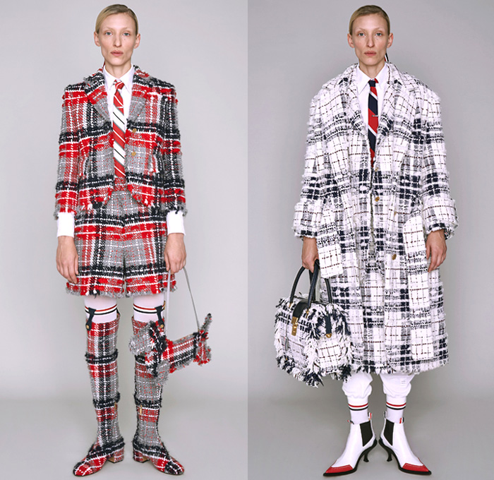 Thom Browne 2019 Pre-Fall Autumn Womens Lookbook Presentation - Ducks Pond Landscape Dog Graphic Motif Embroidery Sporty Preppy Headband Stripes Wool Tweed Quilted Puffer Fur Denim Jeans Parka Military Coat Blazer Patchwork Frayed Raw Hem Sheer Lace Varsity Bomber Jacket Knit Cardigan Check Accordion Pleats Necktie Ribbons Split Half Panel Cargo Pockets 
Handbag Doctor's Bag Pointed Shoes Sneakers Boots