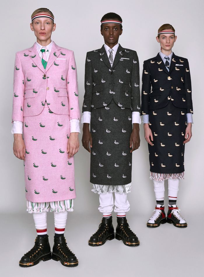 Thom Browne 2019 Pre-Fall Autumn Womens Lookbook Presentation - Ducks Pond Landscape Dog Graphic Motif Embroidery Sporty Preppy Headband Stripes Wool Tweed Quilted Puffer Fur Denim Jeans Parka Military Coat Blazer Patchwork Frayed Raw Hem Sheer Lace Varsity Bomber Jacket Knit Cardigan Check Accordion Pleats Necktie Ribbons Split Half Panel Cargo Pockets 
Handbag Doctor's Bag Pointed Shoes Sneakers Boots