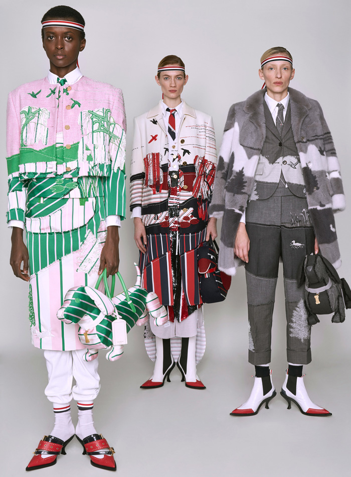Thom Browne 2019 Pre-Fall Autumn Womens Lookbook Presentation - Ducks Pond Landscape Dog Graphic Motif Embroidery Sporty Preppy Headband Stripes Wool Tweed Quilted Puffer Fur Denim Jeans Parka Military Coat Blazer Patchwork Frayed Raw Hem Sheer Lace Varsity Bomber Jacket Knit Cardigan Check Accordion Pleats Necktie Ribbons Split Half Panel Cargo Pockets 
Handbag Doctor's Bag Pointed Shoes Sneakers Boots