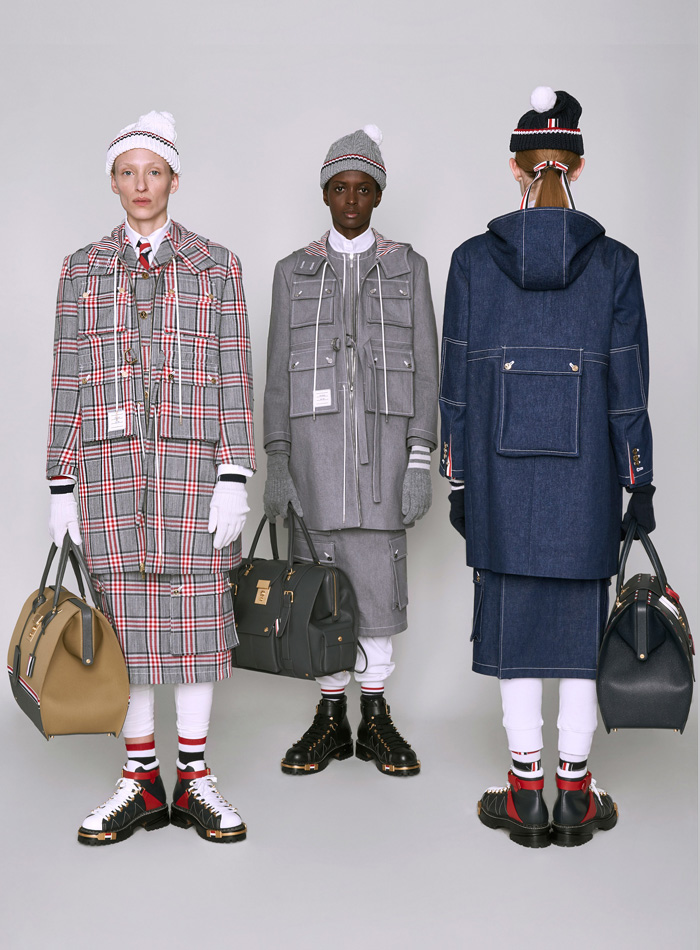 Thom Browne 2019 Pre-Fall Autumn Womens Lookbook Presentation - Ducks Pond Landscape Dog Graphic Motif Embroidery Sporty Preppy Headband Stripes Wool Tweed Quilted Puffer Fur Denim Jeans Parka Military Coat Blazer Patchwork Frayed Raw Hem Sheer Lace Varsity Bomber Jacket Knit Cardigan Check Accordion Pleats Necktie Ribbons Split Half Panel Cargo Pockets 
Handbag Doctor's Bag Pointed Shoes Sneakers Boots
