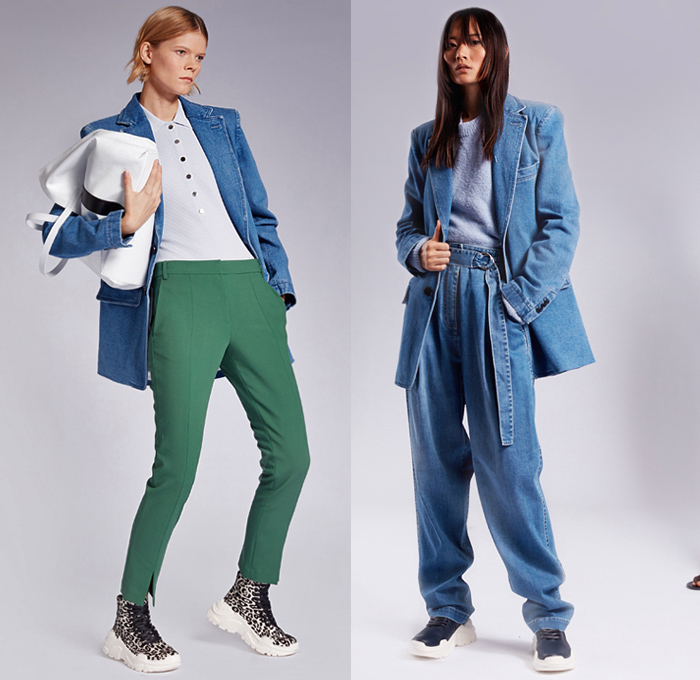 Tibi 2019 Pre-Fall Autumn Womens Lookbook Presentation - Amy Smilovic - Denim Jeans Blazer Pants Trousers Check Plaid Pantsuit 69 Crocodile Gold Belt Onesie Jumspuit Coveralls Wide Leg Pleats Angular Peplum Ants Graphic Strapless Dress Bedazzled Sequins Patchwork Lace Embroidery Needlework Fur Plush Trench Coat Culottes Shirtdress Caftan Handbag Tote Duffel Bag Leopard High Tops Trainers Slippers Sandals