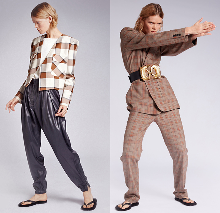 Tibi 2019 Pre-Fall Autumn Womens Lookbook Presentation - Amy Smilovic - Denim Jeans Blazer Pants Trousers Check Plaid Pantsuit 69 Crocodile Gold Belt Onesie Jumspuit Coveralls Wide Leg Pleats Angular Peplum Ants Graphic Strapless Dress Bedazzled Sequins Patchwork Lace Embroidery Needlework Fur Plush Trench Coat Culottes Shirtdress Caftan Handbag Tote Duffel Bag Leopard High Tops Trainers Slippers Sandals