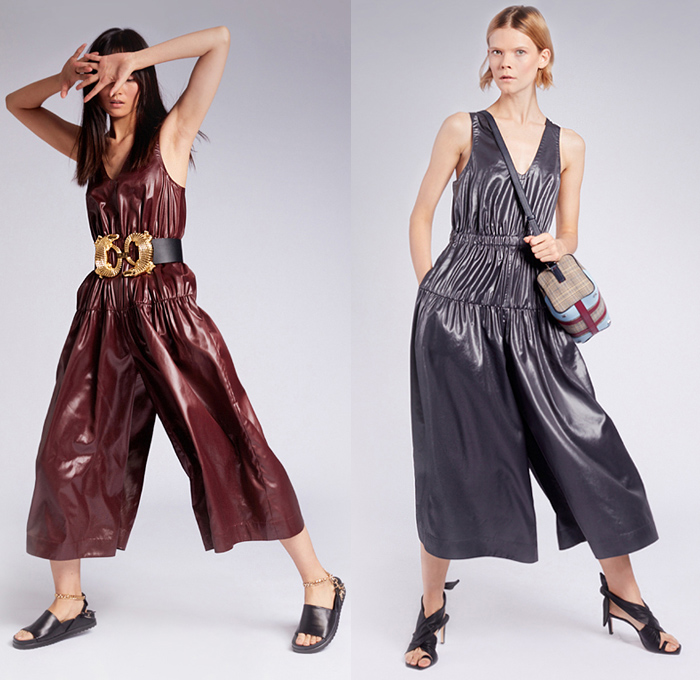 Tibi 2019 Pre-Fall Autumn Womens Lookbook Presentation - Amy Smilovic - Denim Jeans Blazer Pants Trousers Check Plaid Pantsuit 69 Crocodile Gold Belt Onesie Jumspuit Coveralls Wide Leg Pleats Angular Peplum Ants Graphic Strapless Dress Bedazzled Sequins Patchwork Lace Embroidery Needlework Fur Plush Trench Coat Culottes Shirtdress Caftan Handbag Tote Duffel Bag Leopard High Tops Trainers Slippers Sandals