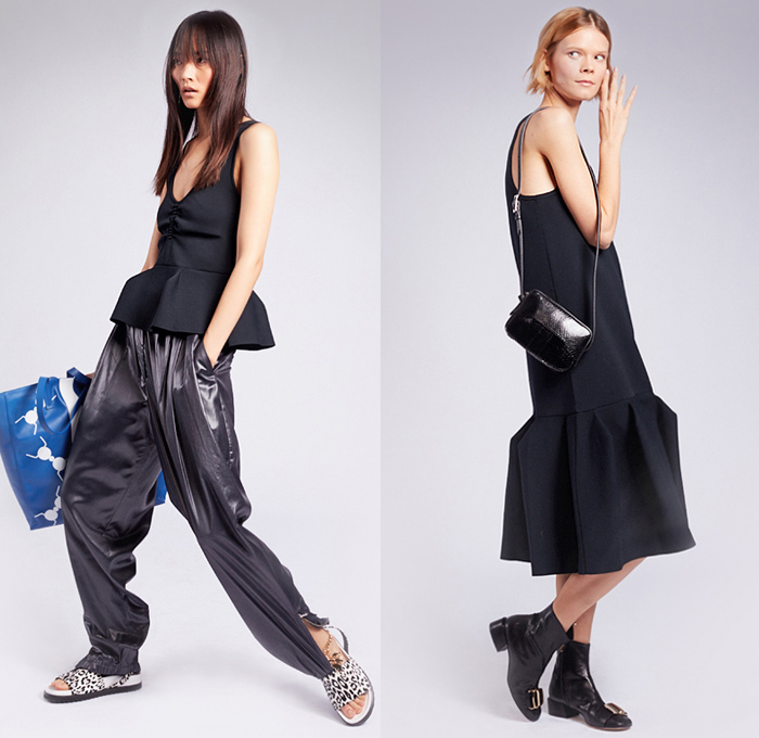 Tibi 2019 Pre-Fall Autumn Womens Lookbook Presentation - Amy Smilovic - Denim Jeans Blazer Pants Trousers Check Plaid Pantsuit 69 Crocodile Gold Belt Onesie Jumspuit Coveralls Wide Leg Pleats Angular Peplum Ants Graphic Strapless Dress Bedazzled Sequins Patchwork Lace Embroidery Needlework Fur Plush Trench Coat Culottes Shirtdress Caftan Handbag Tote Duffel Bag Leopard High Tops Trainers Slippers Sandals