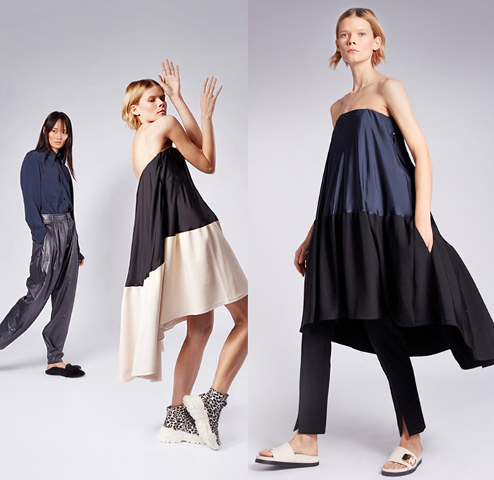 Tibi 2019 Pre-Fall Autumn Womens Lookbook Presentation - Amy Smilovic - Denim Jeans Blazer Pants Trousers Check Plaid Pantsuit 69 Crocodile Gold Belt Onesie Jumspuit Coveralls Wide Leg Pleats Angular Peplum Ants Graphic Strapless Dress Bedazzled Sequins Patchwork Lace Embroidery Needlework Fur Plush Trench Coat Culottes Shirtdress Caftan Handbag Tote Duffel Bag Leopard High Tops Trainers Slippers Sandals