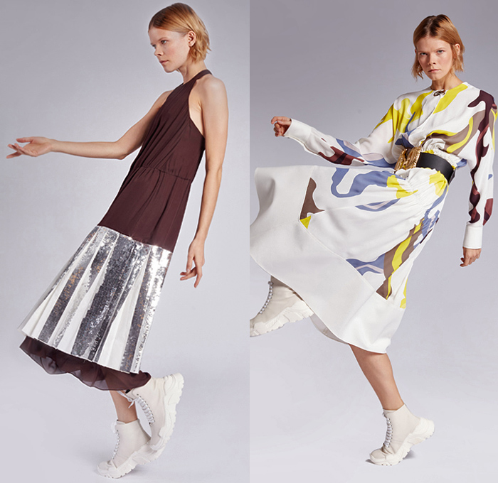 Tibi 2019 Pre-Fall Autumn Womens Lookbook Presentation - Amy Smilovic - Denim Jeans Blazer Pants Trousers Check Plaid Pantsuit 69 Crocodile Gold Belt Onesie Jumspuit Coveralls Wide Leg Pleats Angular Peplum Ants Graphic Strapless Dress Bedazzled Sequins Patchwork Lace Embroidery Needlework Fur Plush Trench Coat Culottes Shirtdress Caftan Handbag Tote Duffel Bag Leopard High Tops Trainers Slippers Sandals