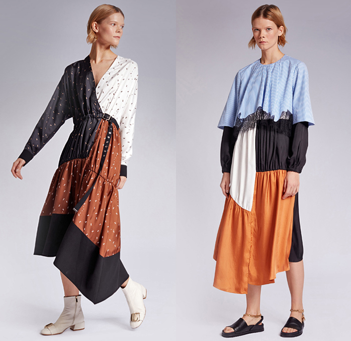 Tibi 2019 Pre-Fall Autumn Womens Lookbook Presentation - Amy Smilovic - Denim Jeans Blazer Pants Trousers Check Plaid Pantsuit 69 Crocodile Gold Belt Onesie Jumspuit Coveralls Wide Leg Pleats Angular Peplum Ants Graphic Strapless Dress Bedazzled Sequins Patchwork Lace Embroidery Needlework Fur Plush Trench Coat Culottes Shirtdress Caftan Handbag Tote Duffel Bag Leopard High Tops Trainers Slippers Sandals