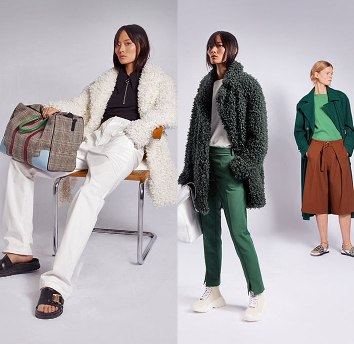 Tibi 2019 Pre-Fall Autumn Womens Lookbook Presentation - Amy Smilovic - Denim Jeans Blazer Pants Trousers Check Plaid Pantsuit 69 Crocodile Gold Belt Onesie Jumspuit Coveralls Wide Leg Pleats Angular Peplum Ants Graphic Strapless Dress Bedazzled Sequins Patchwork Lace Embroidery Needlework Fur Plush Trench Coat Culottes Shirtdress Caftan Handbag Tote Duffel Bag Leopard High Tops Trainers Slippers Sandals