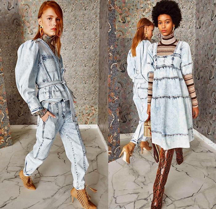 Ulla Johnson 2019 Pre-Fall Autumn Womens Lookbook Presentation - Bohemian Chic Acid Wash Denim Jeans Bedazzled Sequins Embroidery Beads Knit Handloom Loops Fringes Flowers Floral Turtleneck Silk Georgette Gown Prairie Dress Ruffles Organza Lace Cutwork Stripes Tweed Coat Contrast Stitch Leg O'Mutton Sleeves Poufy Shoulders Jumpsuit Tapered Pants Handbag Tote Bucket Bag Basketweave Snake Python Boots