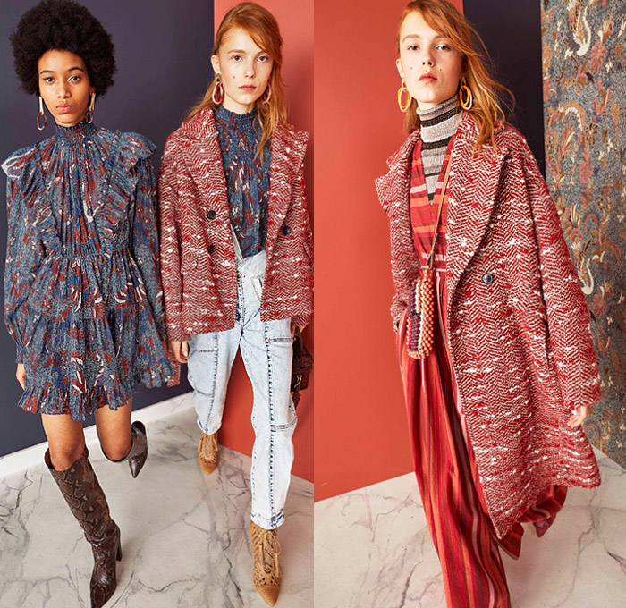 Ulla Johnson 2019 Pre-Fall Autumn Womens Lookbook Presentation - Bohemian Chic Acid Wash Denim Jeans Bedazzled Sequins Embroidery Beads Knit Handloom Loops Fringes Flowers Floral Turtleneck Silk Georgette Gown Prairie Dress Ruffles Organza Lace Cutwork Stripes Tweed Coat Contrast Stitch Leg O'Mutton Sleeves Poufy Shoulders Jumpsuit Tapered Pants Handbag Tote Bucket Bag Basketweave Snake Python Boots