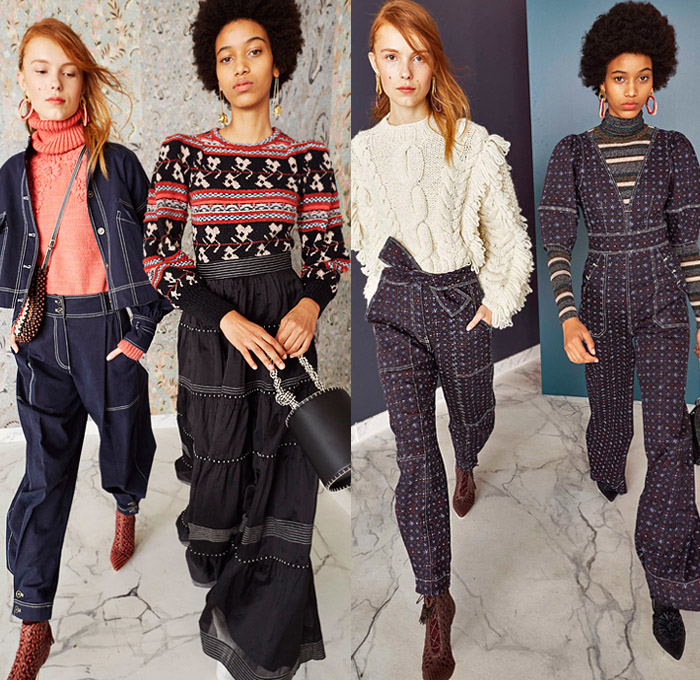 Ulla Johnson 2019 Pre-Fall Autumn Womens Lookbook Presentation - Bohemian Chic Acid Wash Denim Jeans Bedazzled Sequins Embroidery Beads Knit Handloom Loops Fringes Flowers Floral Turtleneck Silk Georgette Gown Prairie Dress Ruffles Organza Lace Cutwork Stripes Tweed Coat Contrast Stitch Leg O'Mutton Sleeves Poufy Shoulders Jumpsuit Tapered Pants Handbag Tote Bucket Bag Basketweave Snake Python Boots