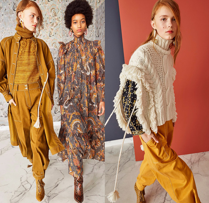 Ulla Johnson 2019 Pre-Fall Autumn Womens Lookbook Presentation - Bohemian Chic Acid Wash Denim Jeans Bedazzled Sequins Embroidery Beads Knit Handloom Loops Fringes Flowers Floral Turtleneck Silk Georgette Gown Prairie Dress Ruffles Organza Lace Cutwork Stripes Tweed Coat Contrast Stitch Leg O'Mutton Sleeves Poufy Shoulders Jumpsuit Tapered Pants Handbag Tote Bucket Bag Basketweave Snake Python Boots