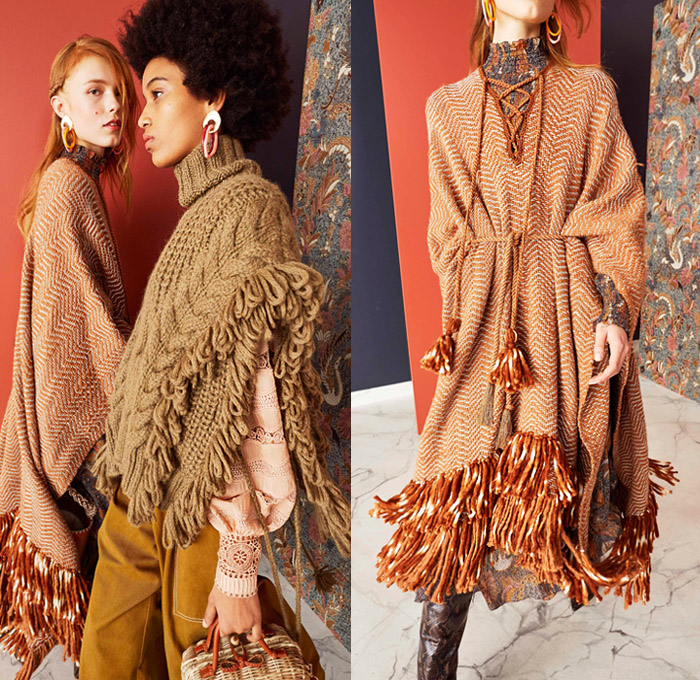 Ulla Johnson 2019 Pre-Fall Autumn Womens Lookbook Presentation - Bohemian Chic Acid Wash Denim Jeans Bedazzled Sequins Embroidery Beads Knit Handloom Loops Fringes Flowers Floral Turtleneck Silk Georgette Gown Prairie Dress Ruffles Organza Lace Cutwork Stripes Tweed Coat Contrast Stitch Leg O'Mutton Sleeves Poufy Shoulders Jumpsuit Tapered Pants Handbag Tote Bucket Bag Basketweave Snake Python Boots
