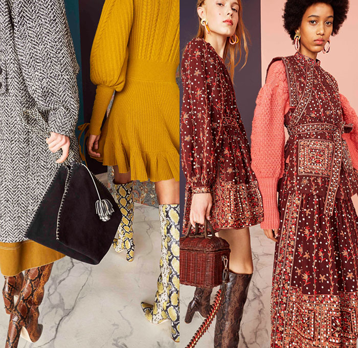 Ulla Johnson 2019 Pre-Fall Autumn Womens Lookbook Presentation - Bohemian Chic Acid Wash Denim Jeans Bedazzled Sequins Embroidery Beads Knit Handloom Loops Fringes Flowers Floral Turtleneck Silk Georgette Gown Prairie Dress Ruffles Organza Lace Cutwork Stripes Tweed Coat Contrast Stitch Leg O'Mutton Sleeves Poufy Shoulders Jumpsuit Tapered Pants Handbag Tote Bucket Bag Basketweave Snake Python Boots