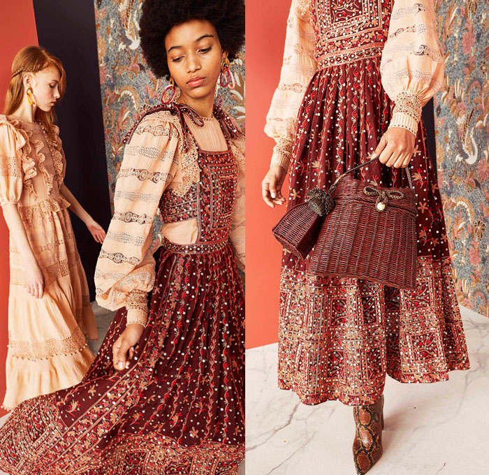 Ulla Johnson 2019 Pre-Fall Autumn Womens Lookbook Presentation - Bohemian Chic Acid Wash Denim Jeans Bedazzled Sequins Embroidery Beads Knit Handloom Loops Fringes Flowers Floral Turtleneck Silk Georgette Gown Prairie Dress Ruffles Organza Lace Cutwork Stripes Tweed Coat Contrast Stitch Leg O'Mutton Sleeves Poufy Shoulders Jumpsuit Tapered Pants Handbag Tote Bucket Bag Basketweave Snake Python Boots