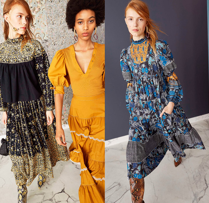 Ulla Johnson 2019 Pre-Fall Autumn Womens Lookbook Presentation - Bohemian Chic Acid Wash Denim Jeans Bedazzled Sequins Embroidery Beads Knit Handloom Loops Fringes Flowers Floral Turtleneck Silk Georgette Gown Prairie Dress Ruffles Organza Lace Cutwork Stripes Tweed Coat Contrast Stitch Leg O'Mutton Sleeves Poufy Shoulders Jumpsuit Tapered Pants Handbag Tote Bucket Bag Basketweave Snake Python Boots