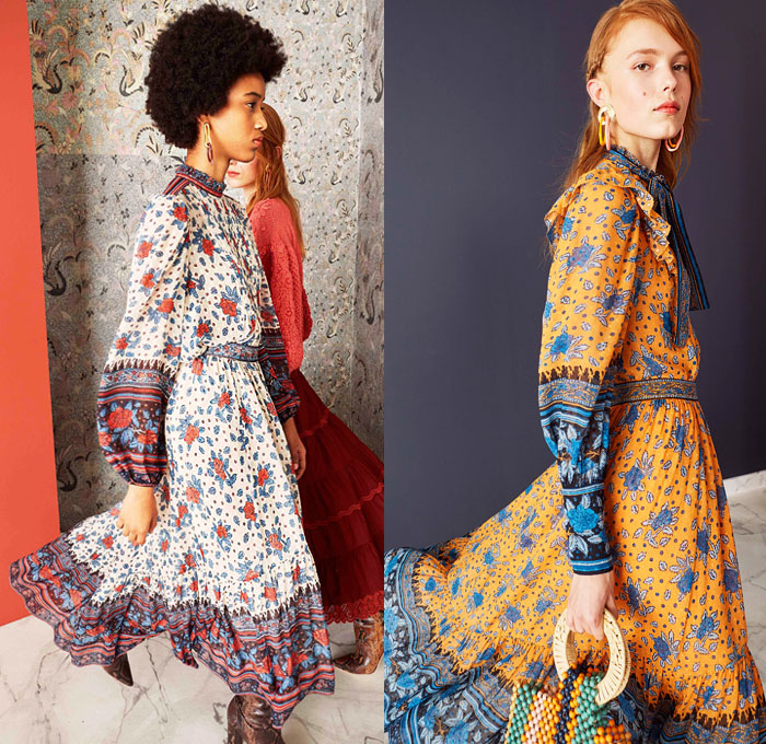 Ulla Johnson 2019 Pre-Fall Autumn Womens Lookbook Presentation - Bohemian Chic Acid Wash Denim Jeans Bedazzled Sequins Embroidery Beads Knit Handloom Loops Fringes Flowers Floral Turtleneck Silk Georgette Gown Prairie Dress Ruffles Organza Lace Cutwork Stripes Tweed Coat Contrast Stitch Leg O'Mutton Sleeves Poufy Shoulders Jumpsuit Tapered Pants Handbag Tote Bucket Bag Basketweave Snake Python Boots