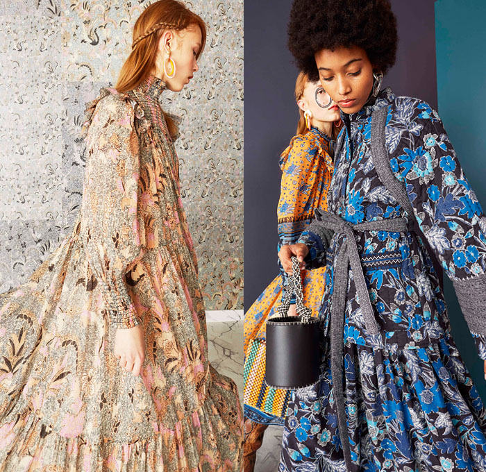 Ulla Johnson 2019 Pre-Fall Autumn Womens Lookbook Presentation - Bohemian Chic Acid Wash Denim Jeans Bedazzled Sequins Embroidery Beads Knit Handloom Loops Fringes Flowers Floral Turtleneck Silk Georgette Gown Prairie Dress Ruffles Organza Lace Cutwork Stripes Tweed Coat Contrast Stitch Leg O'Mutton Sleeves Poufy Shoulders Jumpsuit Tapered Pants Handbag Tote Bucket Bag Basketweave Snake Python Boots