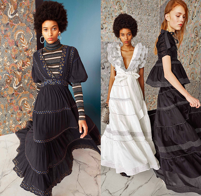 Ulla Johnson 2019 Pre-Fall Autumn Womens Lookbook Presentation - Bohemian Chic Acid Wash Denim Jeans Bedazzled Sequins Embroidery Beads Knit Handloom Loops Fringes Flowers Floral Turtleneck Silk Georgette Gown Prairie Dress Ruffles Organza Lace Cutwork Stripes Tweed Coat Contrast Stitch Leg O'Mutton Sleeves Poufy Shoulders Jumpsuit Tapered Pants Handbag Tote Bucket Bag Basketweave Snake Python Boots