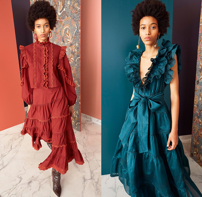 Ulla Johnson 2019 Pre-Fall Autumn Womens Lookbook Presentation - Bohemian Chic Acid Wash Denim Jeans Bedazzled Sequins Embroidery Beads Knit Handloom Loops Fringes Flowers Floral Turtleneck Silk Georgette Gown Prairie Dress Ruffles Organza Lace Cutwork Stripes Tweed Coat Contrast Stitch Leg O'Mutton Sleeves Poufy Shoulders Jumpsuit Tapered Pants Handbag Tote Bucket Bag Basketweave Snake Python Boots