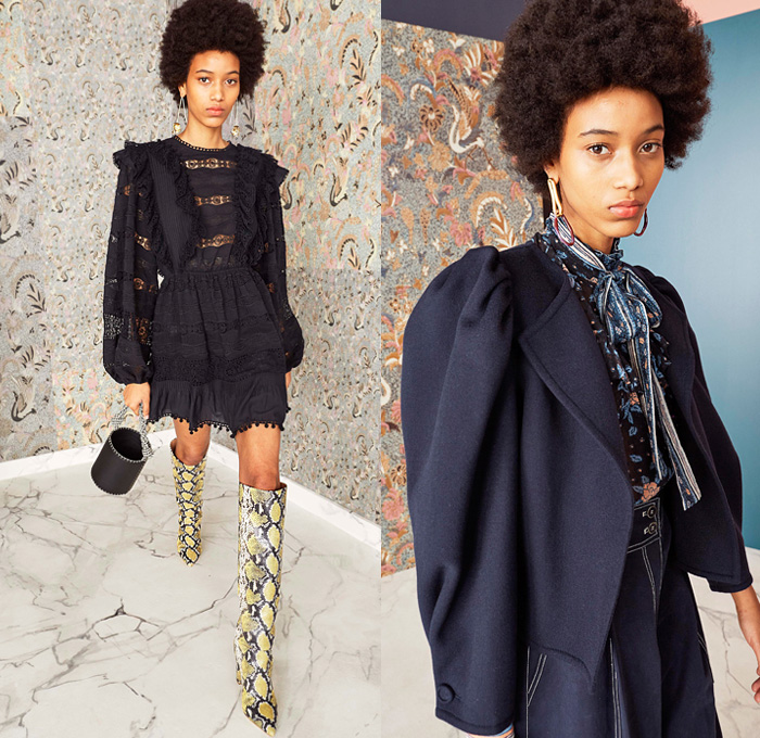 Ulla Johnson 2019 Pre-Fall Autumn Womens Lookbook Presentation - Bohemian Chic Acid Wash Denim Jeans Bedazzled Sequins Embroidery Beads Knit Handloom Loops Fringes Flowers Floral Turtleneck Silk Georgette Gown Prairie Dress Ruffles Organza Lace Cutwork Stripes Tweed Coat Contrast Stitch Leg O'Mutton Sleeves Poufy Shoulders Jumpsuit Tapered Pants Handbag Tote Bucket Bag Basketweave Snake Python Boots