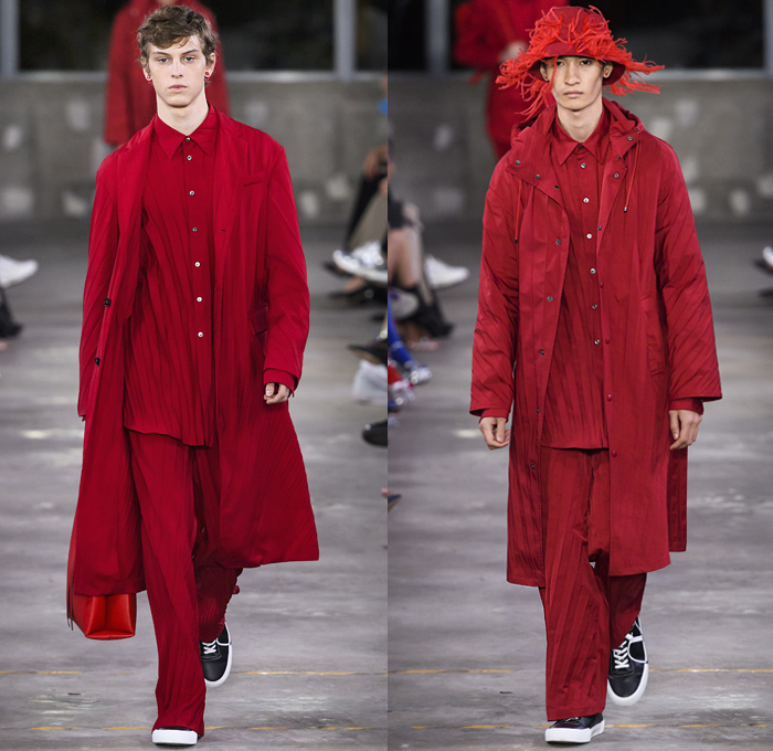 Valentino 2019 Pre-Fall Autumn Mens Runway Catwalk Looks Collection Tokyo Japan - Ostrich Feathers Hat Puffer Quilted Down Moncler Jacket Poncho Knitwear Sweater Logo Mania Trench Coat Parka Accordion Pleats Creases Hoodie Camouflage Suit Blazer Red Boot Cut Pants Scarf Tote Bag Sneakers Sunglasses