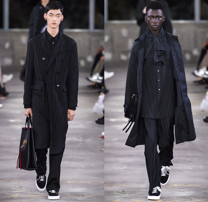Valentino 2019 Pre-Fall Autumn Mens Runway Catwalk Looks Collection Tokyo Japan - Ostrich Feathers Hat Puffer Quilted Down Moncler Jacket Poncho Knitwear Sweater Logo Mania Trench Coat Parka Accordion Pleats Creases Hoodie Camouflage Suit Blazer Red Boot Cut Pants Scarf Tote Bag Sneakers Sunglasses