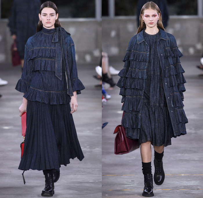 Valentino 2019 Pre-Fall Autumn Womens Runway Catwalk Looks Collection Tokyo Japan - Red Black Cape Accordion Pleats Ruffles Frills Tiered Tied Knot Scarf Quilted Puffer Outerwear Coat Dress Cargo Pockets Flowers Floral Culottes One Shoulder Denim Jacket Jean Skirt Gown Eveningwear Lace Embroidery Needlework Cutwork Bedazzled Sheer Chiffon Tulle Shirtdress Turtleneck Fish Scales Feathers Japanese Dragon Crescent Moon Pellegrina Cape Knitwear Handbag Socks Heels