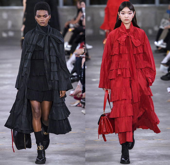 Valentino 2019 Pre-Fall Autumn Womens Runway Catwalk Looks Collection Tokyo Japan - Red Black Cape Accordion Pleats Ruffles Frills Tiered Tied Knot Scarf Quilted Puffer Outerwear Coat Dress Cargo Pockets Flowers Floral Culottes One Shoulder Denim Jacket Jean Skirt Gown Eveningwear Lace Embroidery Needlework Cutwork Bedazzled Sheer Chiffon Tulle Shirtdress Turtleneck Fish Scales Feathers Japanese Dragon Crescent Moon Pellegrina Cape Knitwear Handbag Socks Heels