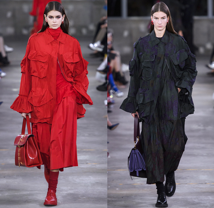 Valentino 2019 Pre-Fall Autumn Womens Runway Catwalk Looks Collection Tokyo Japan - Red Black Cape Accordion Pleats Ruffles Frills Tiered Tied Knot Scarf Quilted Puffer Outerwear Coat Dress Cargo Pockets Flowers Floral Culottes One Shoulder Denim Jacket Jean Skirt Gown Eveningwear Lace Embroidery Needlework Cutwork Bedazzled Sheer Chiffon Tulle Shirtdress Turtleneck Fish Scales Feathers Japanese Dragon Crescent Moon Pellegrina Cape Knitwear Handbag Socks Heels