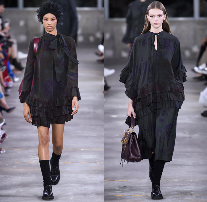 Valentino 2019 Pre-Fall Autumn Womens Runway Catwalk Looks Collection Tokyo Japan - Red Black Cape Accordion Pleats Ruffles Frills Tiered Tied Knot Scarf Quilted Puffer Outerwear Coat Dress Cargo Pockets Flowers Floral Culottes One Shoulder Denim Jacket Jean Skirt Gown Eveningwear Lace Embroidery Needlework Cutwork Bedazzled Sheer Chiffon Tulle Shirtdress Turtleneck Fish Scales Feathers Japanese Dragon Crescent Moon Pellegrina Cape Knitwear Handbag Socks Heels