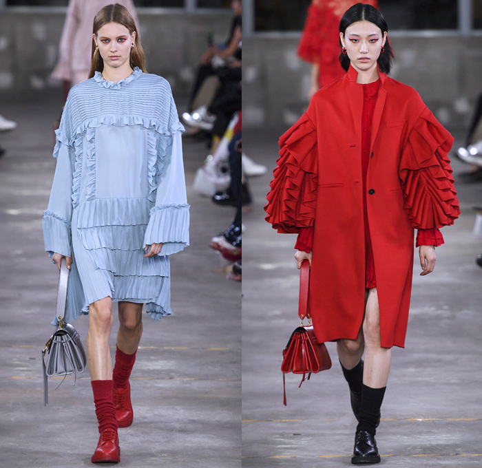 Valentino 2019 Pre-Fall Autumn Womens Runway Catwalk Looks Collection Tokyo Japan - Red Black Cape Accordion Pleats Ruffles Frills Tiered Tied Knot Scarf Quilted Puffer Outerwear Coat Dress Cargo Pockets Flowers Floral Culottes One Shoulder Denim Jacket Jean Skirt Gown Eveningwear Lace Embroidery Needlework Cutwork Bedazzled Sheer Chiffon Tulle Shirtdress Turtleneck Fish Scales Feathers Japanese Dragon Crescent Moon Pellegrina Cape Knitwear Handbag Socks Heels