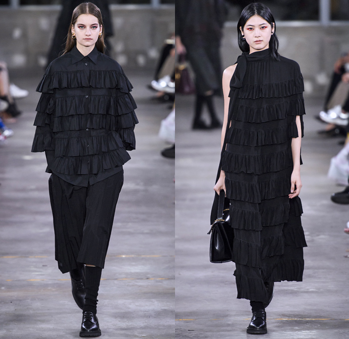 Valentino 2019 Pre-Fall Autumn Womens Runway Catwalk Looks Collection Tokyo Japan - Red Black Cape Accordion Pleats Ruffles Frills Tiered Tied Knot Scarf Quilted Puffer Outerwear Coat Dress Cargo Pockets Flowers Floral Culottes One Shoulder Denim Jacket Jean Skirt Gown Eveningwear Lace Embroidery Needlework Cutwork Bedazzled Sheer Chiffon Tulle Shirtdress Turtleneck Fish Scales Feathers Japanese Dragon Crescent Moon Pellegrina Cape Knitwear Handbag Socks Heels