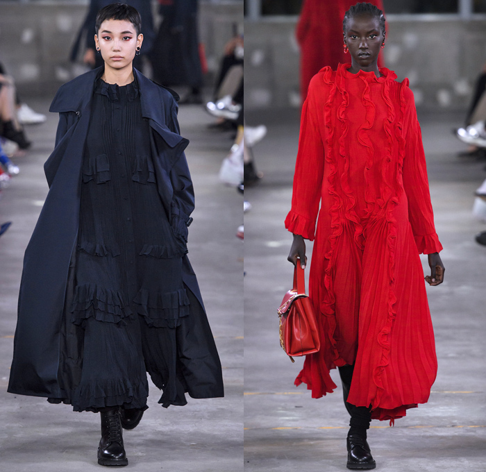 Valentino 2019 Pre-Fall Autumn Womens Runway Catwalk Looks Collection Tokyo Japan - Red Black Cape Accordion Pleats Ruffles Frills Tiered Tied Knot Scarf Quilted Puffer Outerwear Coat Dress Cargo Pockets Flowers Floral Culottes One Shoulder Denim Jacket Jean Skirt Gown Eveningwear Lace Embroidery Needlework Cutwork Bedazzled Sheer Chiffon Tulle Shirtdress Turtleneck Fish Scales Feathers Japanese Dragon Crescent Moon Pellegrina Cape Knitwear Handbag Socks Heels