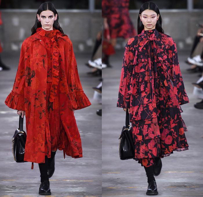 Valentino 2019 Pre-Fall Autumn Womens Runway Catwalk Looks Collection Tokyo Japan - Red Black Cape Accordion Pleats Ruffles Frills Tiered Tied Knot Scarf Quilted Puffer Outerwear Coat Dress Cargo Pockets Flowers Floral Culottes One Shoulder Denim Jacket Jean Skirt Gown Eveningwear Lace Embroidery Needlework Cutwork Bedazzled Sheer Chiffon Tulle Shirtdress Turtleneck Fish Scales Feathers Japanese Dragon Crescent Moon Pellegrina Cape Knitwear Handbag Socks Heels