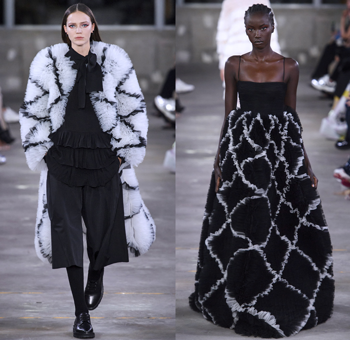 Valentino 2019 Pre-Fall Autumn Womens Runway Catwalk Looks Collection Tokyo Japan - Red Black Cape Accordion Pleats Ruffles Frills Tiered Tied Knot Scarf Quilted Puffer Outerwear Coat Dress Cargo Pockets Flowers Floral Culottes One Shoulder Denim Jacket Jean Skirt Gown Eveningwear Lace Embroidery Needlework Cutwork Bedazzled Sheer Chiffon Tulle Shirtdress Turtleneck Fish Scales Feathers Japanese Dragon Crescent Moon Pellegrina Cape Knitwear Handbag Socks Heels