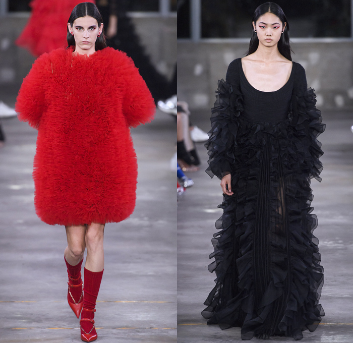 Valentino 2019 Pre-Fall Autumn Womens Runway Catwalk Looks Collection Tokyo Japan - Red Black Cape Accordion Pleats Ruffles Frills Tiered Tied Knot Scarf Quilted Puffer Outerwear Coat Dress Cargo Pockets Flowers Floral Culottes One Shoulder Denim Jacket Jean Skirt Gown Eveningwear Lace Embroidery Needlework Cutwork Bedazzled Sheer Chiffon Tulle Shirtdress Turtleneck Fish Scales Feathers Japanese Dragon Crescent Moon Pellegrina Cape Knitwear Handbag Socks Heels