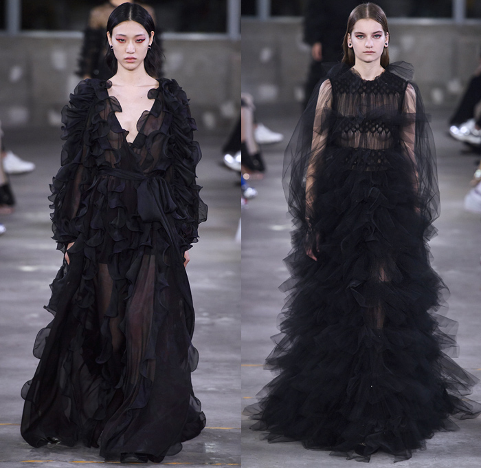 Valentino 2019 Pre-Fall Autumn Womens Runway Catwalk Looks Collection Tokyo Japan - Red Black Cape Accordion Pleats Ruffles Frills Tiered Tied Knot Scarf Quilted Puffer Outerwear Coat Dress Cargo Pockets Flowers Floral Culottes One Shoulder Denim Jacket Jean Skirt Gown Eveningwear Lace Embroidery Needlework Cutwork Bedazzled Sheer Chiffon Tulle Shirtdress Turtleneck Fish Scales Feathers Japanese Dragon Crescent Moon Pellegrina Cape Knitwear Handbag Socks Heels