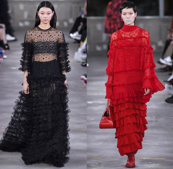 Valentino 2019 Pre-Fall Autumn Womens Runway Catwalk Looks Collection Tokyo Japan - Red Black Cape Accordion Pleats Ruffles Frills Tiered Tied Knot Scarf Quilted Puffer Outerwear Coat Dress Cargo Pockets Flowers Floral Culottes One Shoulder Denim Jacket Jean Skirt Gown Eveningwear Lace Embroidery Needlework Cutwork Bedazzled Sheer Chiffon Tulle Shirtdress Turtleneck Fish Scales Feathers Japanese Dragon Crescent Moon Pellegrina Cape Knitwear Handbag Socks Heels