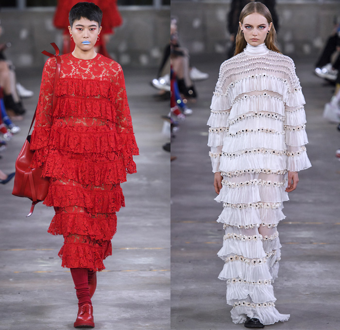 Valentino 2019 Pre-Fall Autumn Womens Runway Catwalk Looks Collection Tokyo Japan - Red Black Cape Accordion Pleats Ruffles Frills Tiered Tied Knot Scarf Quilted Puffer Outerwear Coat Dress Cargo Pockets Flowers Floral Culottes One Shoulder Denim Jacket Jean Skirt Gown Eveningwear Lace Embroidery Needlework Cutwork Bedazzled Sheer Chiffon Tulle Shirtdress Turtleneck Fish Scales Feathers Japanese Dragon Crescent Moon Pellegrina Cape Knitwear Handbag Socks Heels