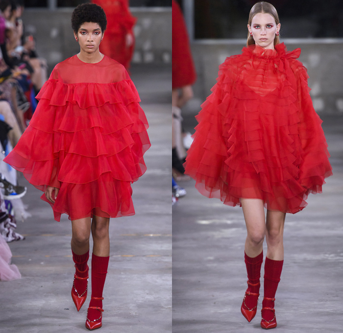 Valentino 2019 Pre-Fall Autumn Womens Runway Catwalk Looks Collection Tokyo Japan - Red Black Cape Accordion Pleats Ruffles Frills Tiered Tied Knot Scarf Quilted Puffer Outerwear Coat Dress Cargo Pockets Flowers Floral Culottes One Shoulder Denim Jacket Jean Skirt Gown Eveningwear Lace Embroidery Needlework Cutwork Bedazzled Sheer Chiffon Tulle Shirtdress Turtleneck Fish Scales Feathers Japanese Dragon Crescent Moon Pellegrina Cape Knitwear Handbag Socks Heels