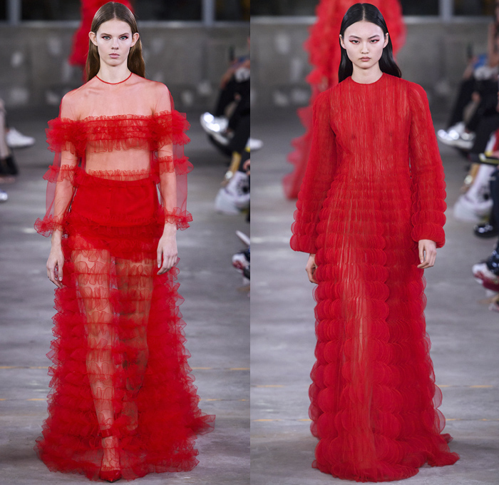 Valentino 2019 Pre-Fall Autumn Womens Runway Catwalk Looks Collection Tokyo Japan - Red Black Cape Accordion Pleats Ruffles Frills Tiered Tied Knot Scarf Quilted Puffer Outerwear Coat Dress Cargo Pockets Flowers Floral Culottes One Shoulder Denim Jacket Jean Skirt Gown Eveningwear Lace Embroidery Needlework Cutwork Bedazzled Sheer Chiffon Tulle Shirtdress Turtleneck Fish Scales Feathers Japanese Dragon Crescent Moon Pellegrina Cape Knitwear Handbag Socks Heels