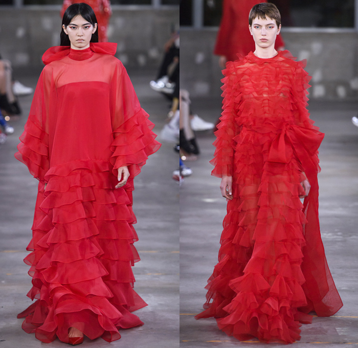 Valentino 2019 Pre-Fall Autumn Womens Runway Catwalk Looks Collection Tokyo Japan - Red Black Cape Accordion Pleats Ruffles Frills Tiered Tied Knot Scarf Quilted Puffer Outerwear Coat Dress Cargo Pockets Flowers Floral Culottes One Shoulder Denim Jacket Jean Skirt Gown Eveningwear Lace Embroidery Needlework Cutwork Bedazzled Sheer Chiffon Tulle Shirtdress Turtleneck Fish Scales Feathers Japanese Dragon Crescent Moon Pellegrina Cape Knitwear Handbag Socks Heels